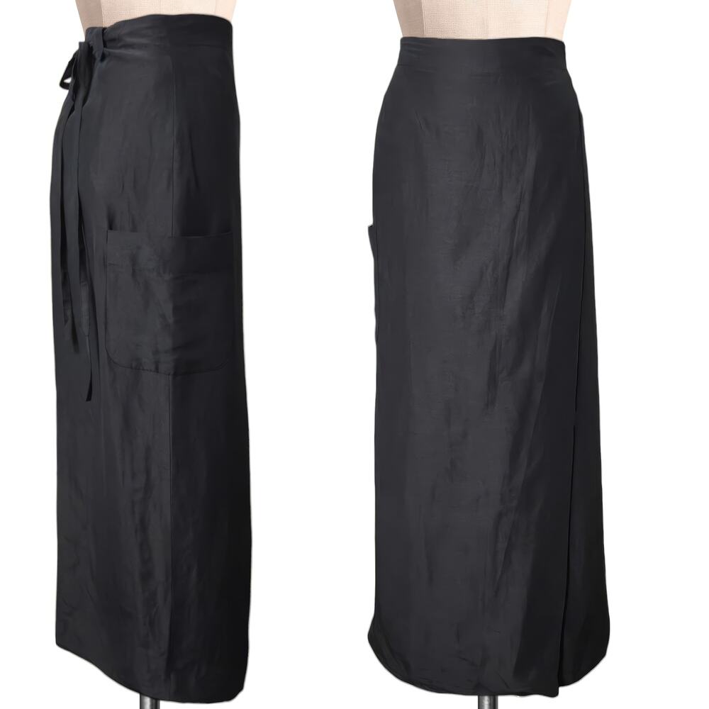 KUNTO Black Wrap Silk Linen Blend Skirt Side Cargo Pocket  XL